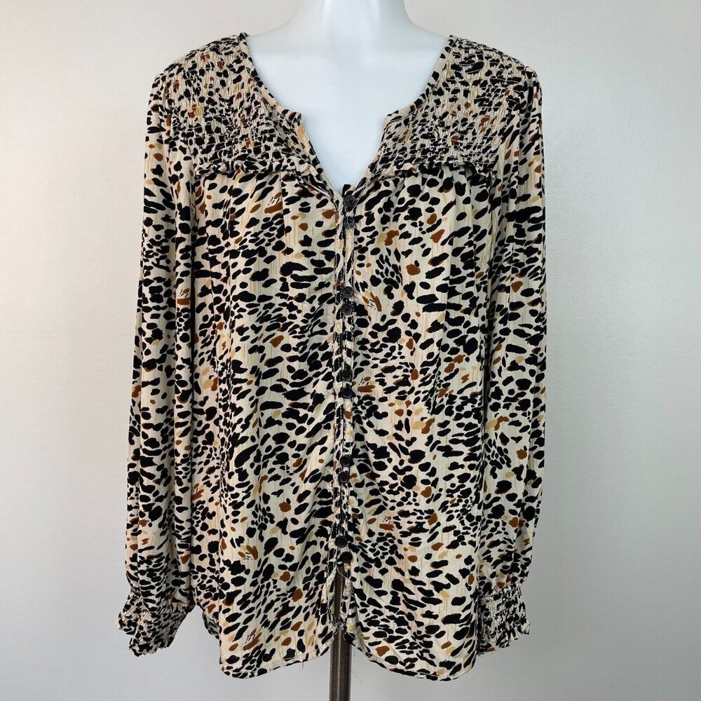 BeachLunchLounge Top Large Beige Black Spotted‎ Button-Front Blouse Women's BLL